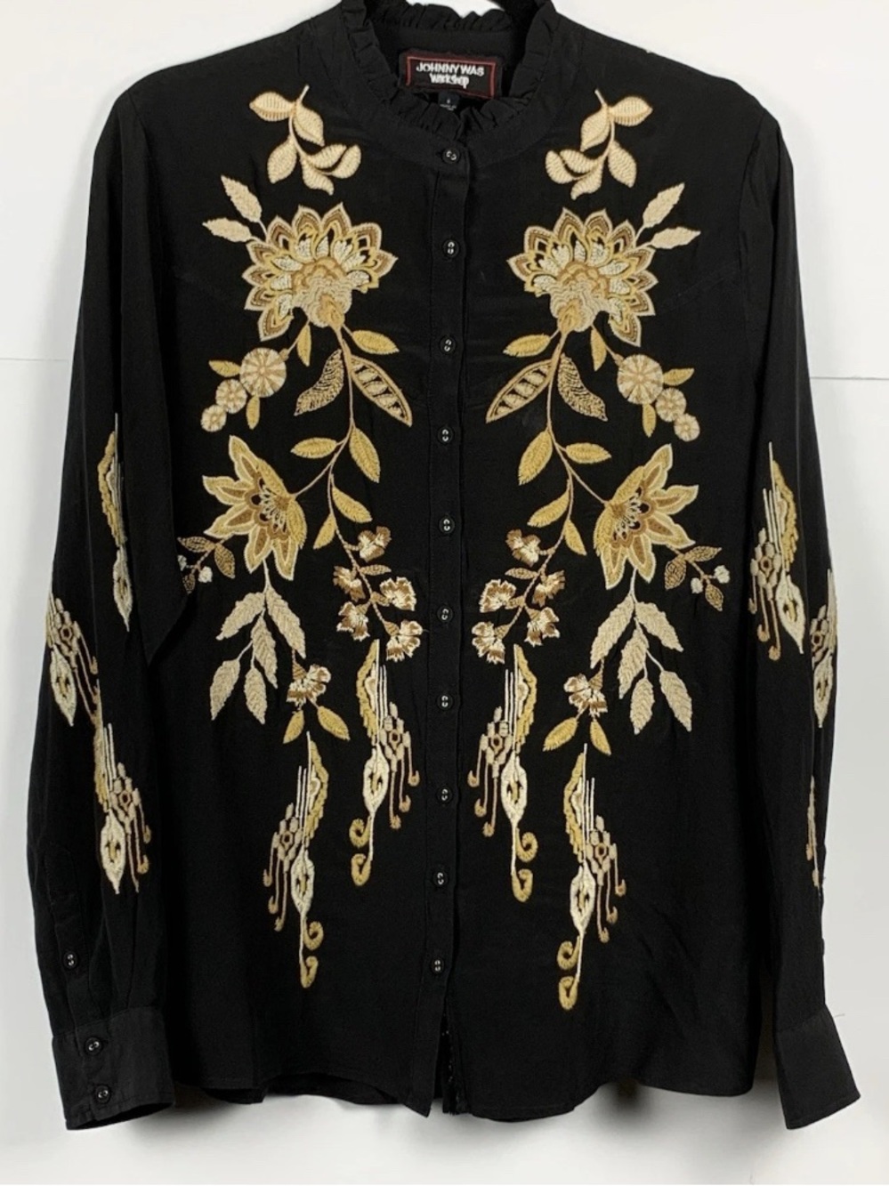 Johnny Was Workshop Silk Embroidered Boho Blouse Black Gold Button Front S - Picture 2 of 13